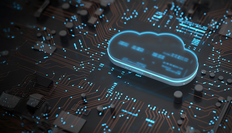 The image illustrates a cloud-based system that enables remote access and scalable connectivity, shown over a circuit board background.