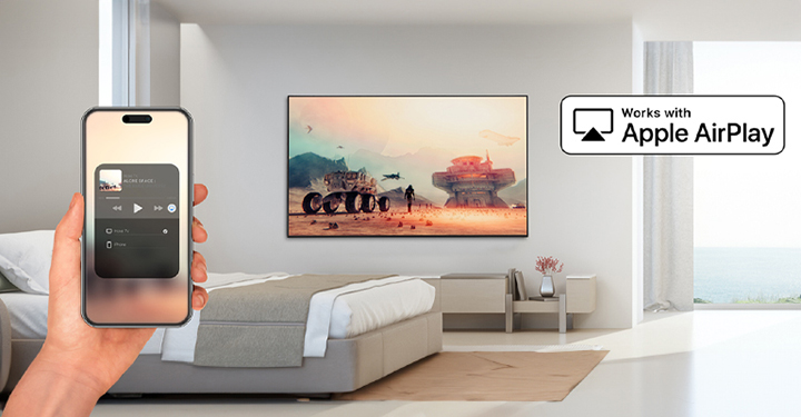 The image demonstrates that the AirPlay feature allows content from an iPhone to be displayed on the hotel room TV.