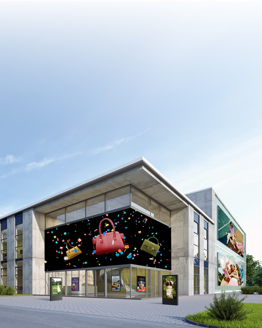 This image provides an example of how LG SuperSign Cloud distributes content across multiple outdoor digital signages.