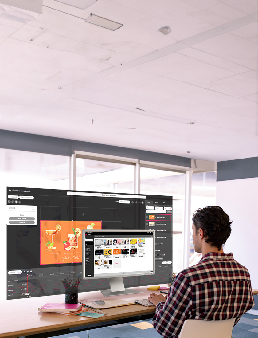 A man is creating content for the signage. The monitor screen displays a list of the generated content, while an editor for crafting content on a larger screen is also presented. Both screens provide genuine views accessible within the solution.