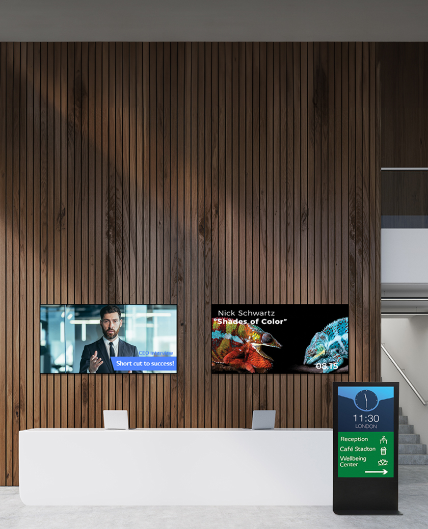 Various types of displays are installed in the company lobby.