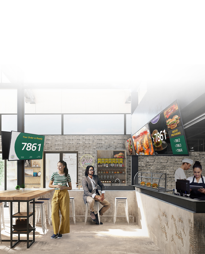 The fast-food restaurant features various types and sizes of signage screens, each displaying menus, queue numbers, food photos, and more.