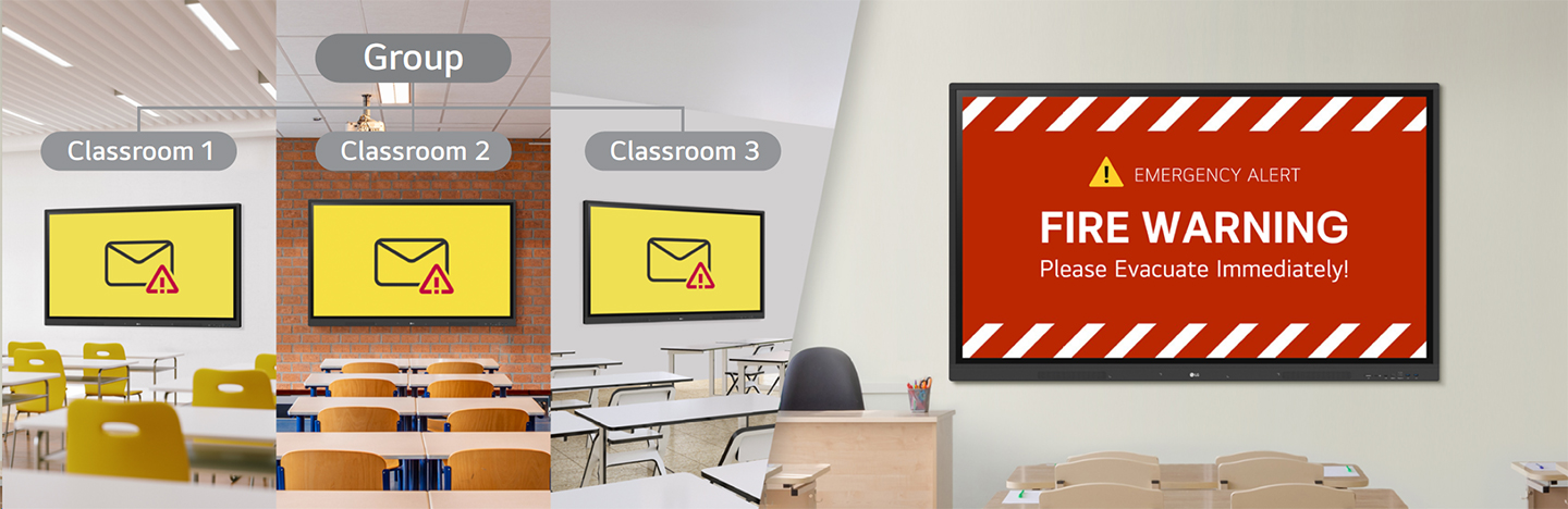 One major advantage of LG ConnectedCare (DMS License) is the ability for administrators to send real-time emergency warning messages to multiple LG CreateBoards or digital signage screens in schools. This image demonstrates that capability.