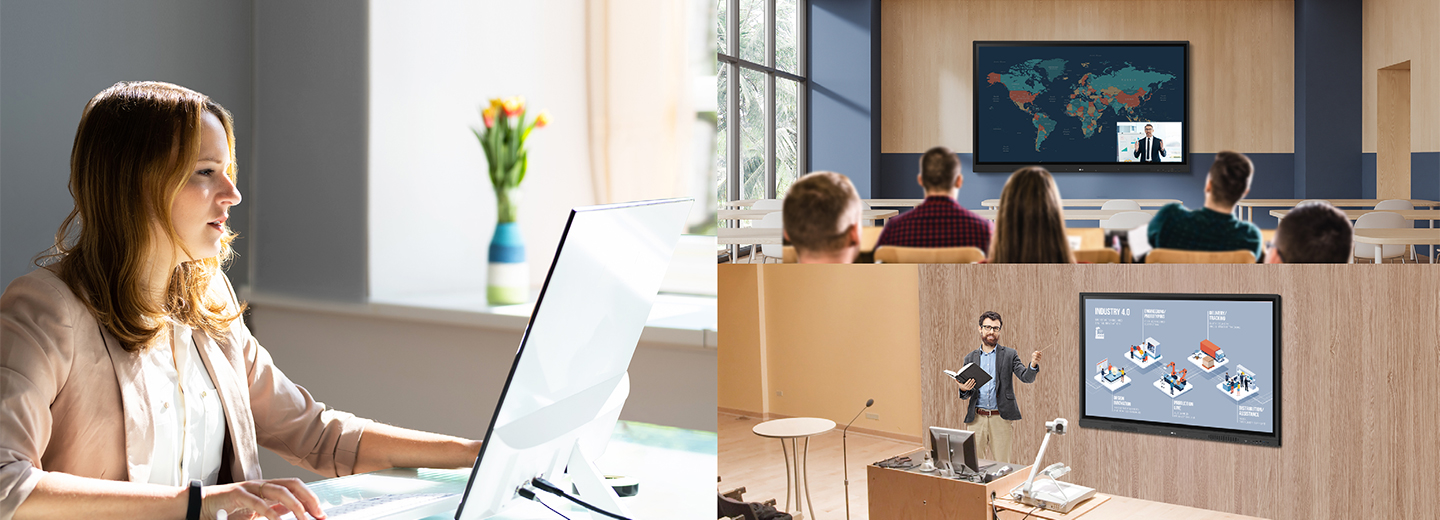 This illustration shows an administrator managing LG CreateBoards, interactive digital boards installed in various classrooms using LG ConnectedCare (DMS License).