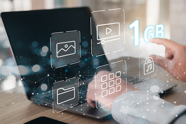 The File Box, a storage feature for content registration or app installation, is accessible through LG ConnectedCare (DMS License). It offers up to 1 GB of storage, as visualized in this image.