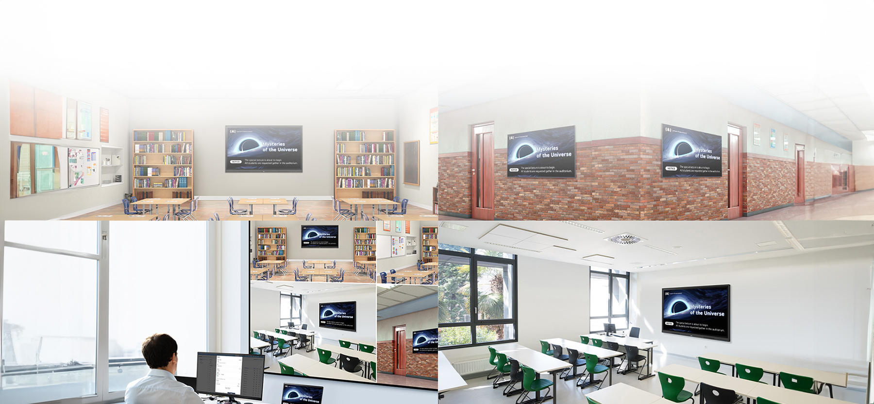 The images show an administrator demonstrating LG ConnectedCare (DMS License)’s feature, which enables LG CreateBoards (interactive digital boards) and digital signage screens in the library, hallway, and classrooms across the school to display the same content simultaneously.