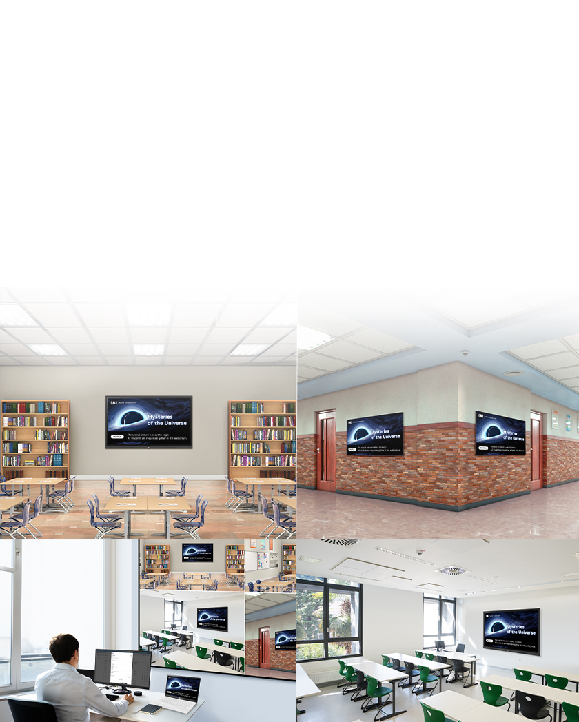 The images show an administrator demonstrating LG ConnectedCare (DMS License)’s feature, which enables LG CreateBoards (interactive digital boards) and digital signage screens in the library, hallway, and classrooms across the school to display the same content simultaneously.