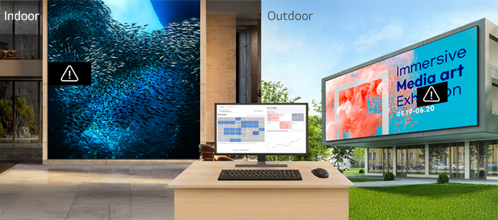 An example image shows how users can set threshold values for devices in the LG ConnectedCare solution’s monitoring settings. If a threshold is exceeded, a designated user will receive an error notification via email.