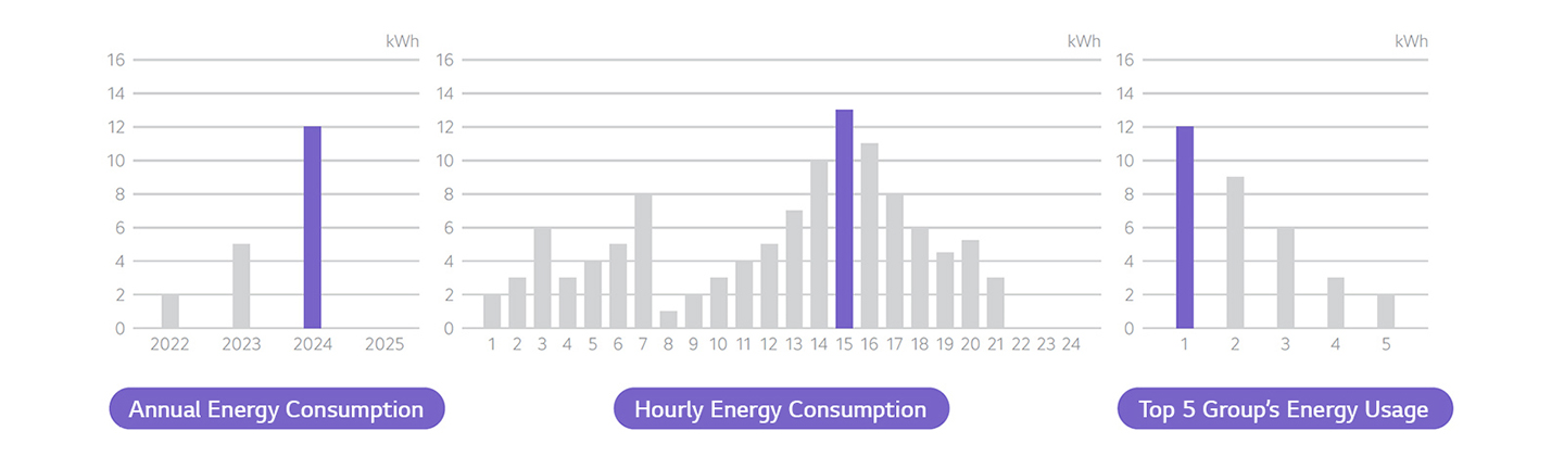 An example image showcases a workspace’s energy consumption on an annual and hourly basis, highlighting the top five groups in a graph.