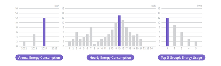 An example image showcases a workspace’s energy consumption on an annual and hourly basis, highlighting the top five groups in a graph.