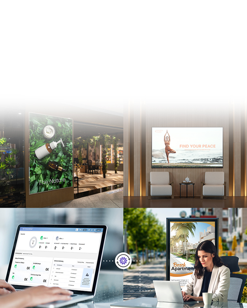 This is an example image featuring an administrator monitoring and managing indoor and outdoor digital signage using the LG ConnectedCare solution.