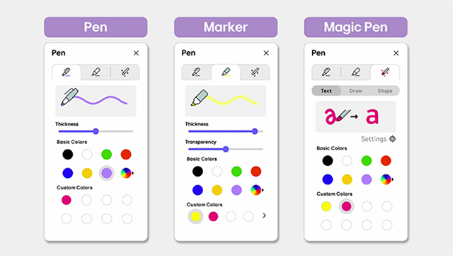 A view of the setting windows for the Pen, Marker, and Magic Pen tools.