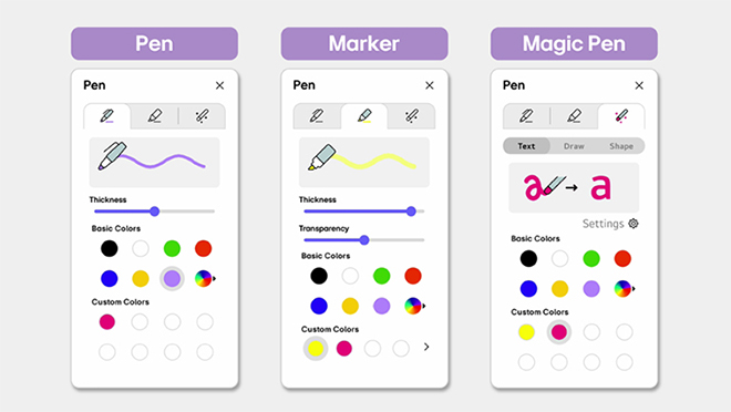 A view of the setting windows for the Pen, Marker, and Magic Pen tools.