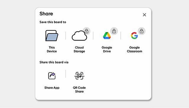 A view of the Share menu window used to save and share created content.