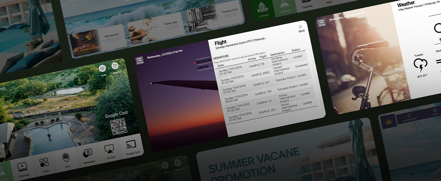 This image shows an example of customized content created for each room using the LG Pro:Centric Cloud solution.
