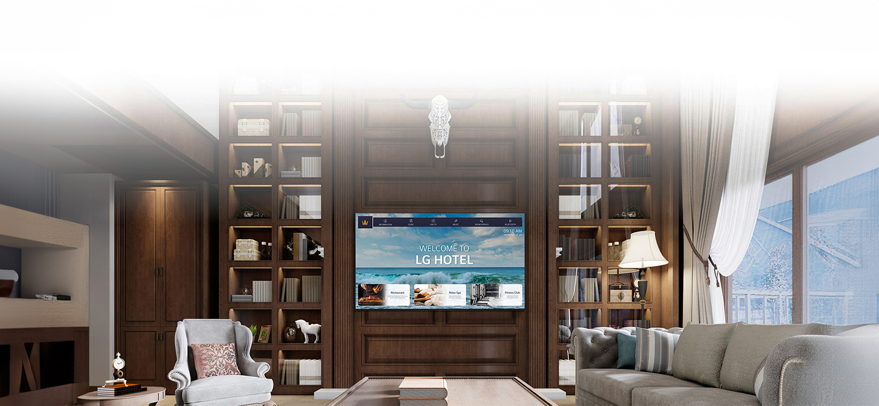 A luxury hotel room features a central TV equipped with LG Pro:Centric, displaying a welcoming message to guests.