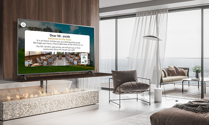 An LG commercial TV is installed in a cruise ship cabin.