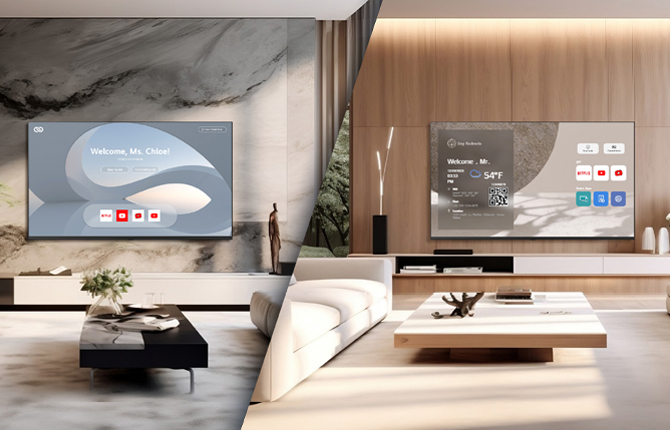 This image contrasts two room views from different accommodations, each with welcome messages on their respective TVs.