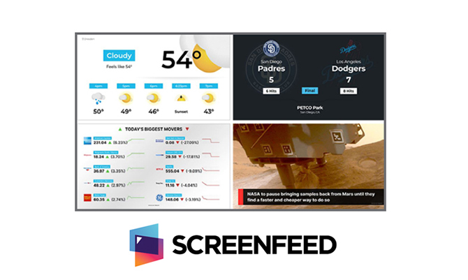 This image shows examples of various screen layouts that can be created using SCREENFEED content.