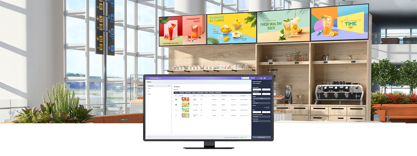 This example shows multiple signages inside a café, each displaying various content delivered through LG SuperSign Cloud.