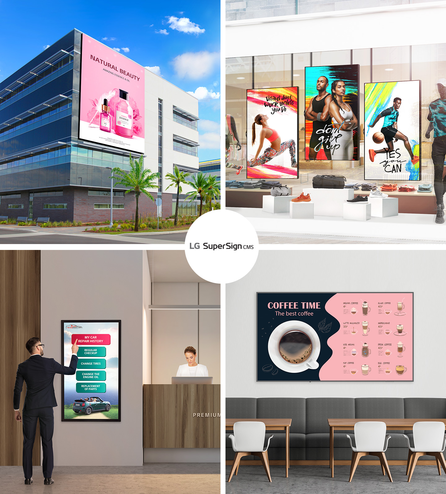Displaying various types of signage, including large outdoor LEDs, window-facing displays, touch-enabled signage, and high-brightness signage. While different types of signage might require different solutions for management, using LG SuperSign CMS enables the simultaneous management of various types of LG signage products through a single solution.