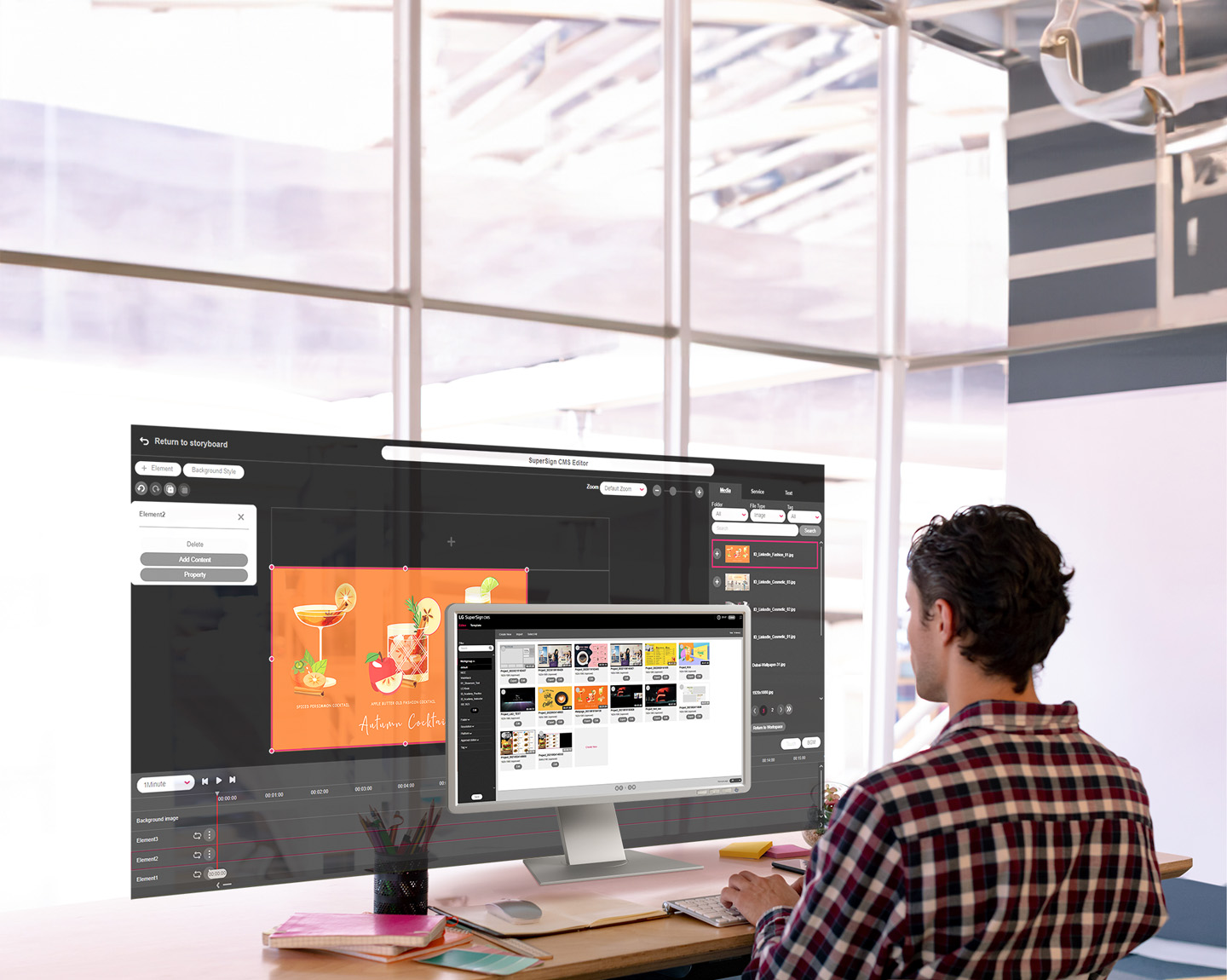 A man is creating content for the signage. The monitor screen displays a list of the generated content, while an editor for crafting content on a larger screen is also presented. Both screens provide genuine views accessible within the solution.