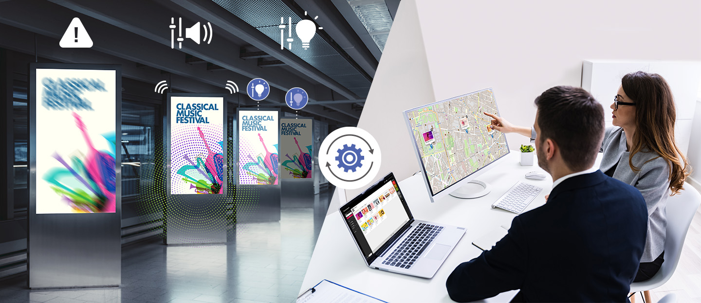 This image illustrates changing the settings of installed signage. The left image shows the ability to detect screen errors, adjust volume, and control brightness. The right image showcases how administrators can remotely manage signage without the need for on-site visits when issues arise.