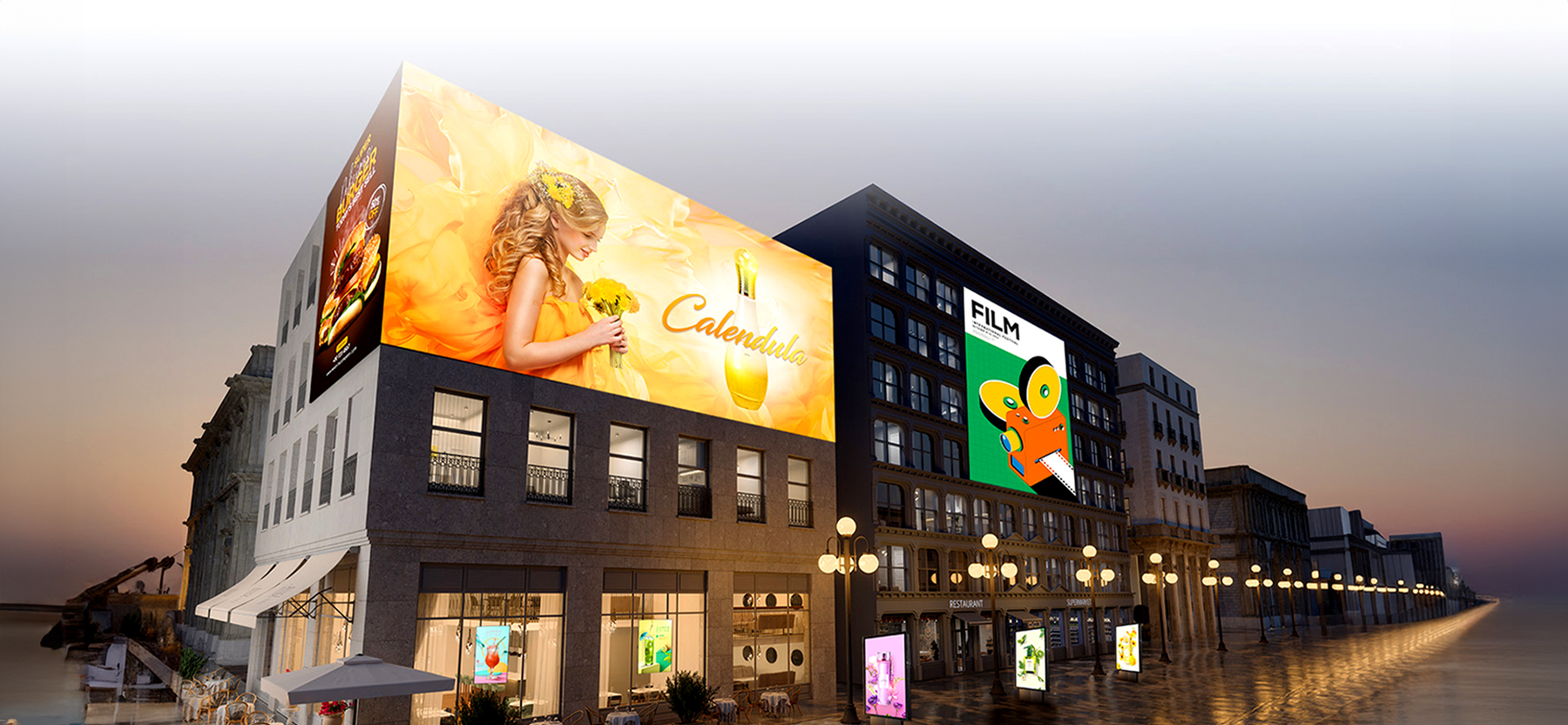 It displays a virtual space where various types of signage, such as large LED displays, window-facing displays, and open-frame displays, are being used.