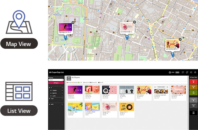 During monitoring, two options are available: map view and list view.