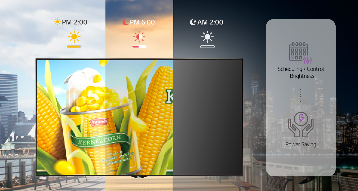 Utilizing LG SuperSign CMS, brightness of signage can be adjusted based on external lighting conditions to optimize power consumption. The scheduling feature is used to adjust the brightness, maintaining maximum brightness at 2 PM and gradually reducing it as it gets darker by 6 PM. The image also illustrates that the power can be turned off at 2 AM.