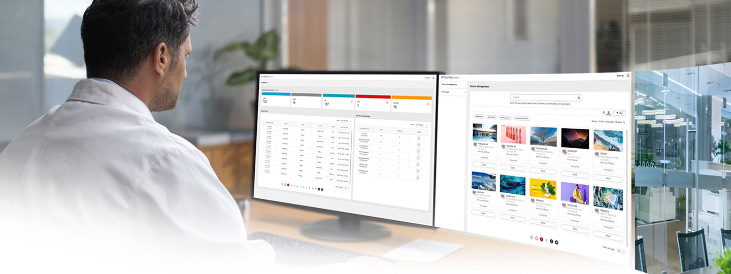 An IT administrator is monitoring devices while viewing the dashboard and equipment management screen of the LG SuperSign Control+ solution.
