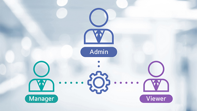 Accounts are managed by assigning permissions based on roles, including Administrator, Manager, and Viewer.