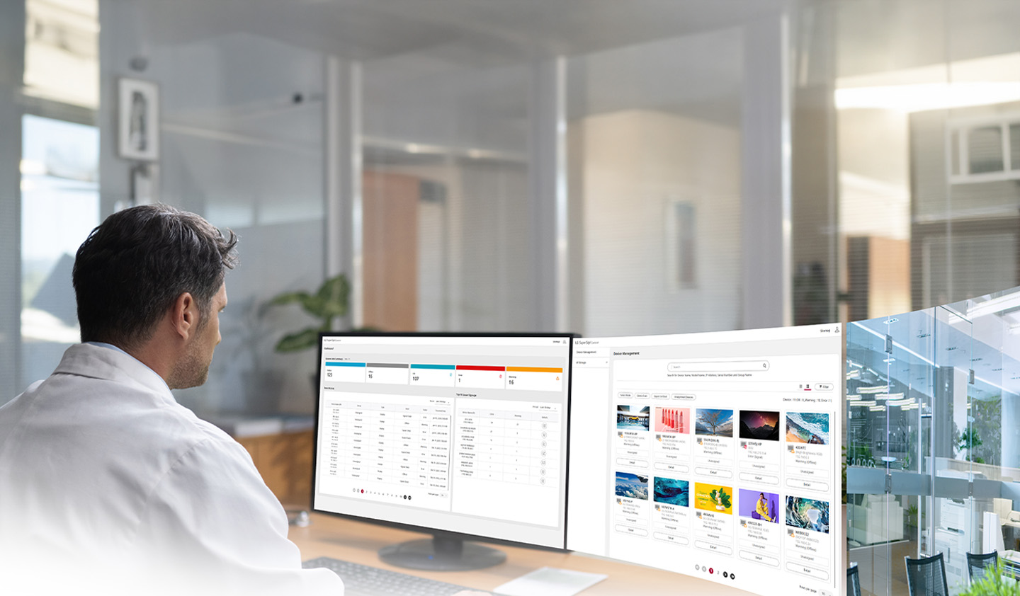 An IT administrator is monitoring devices while viewing the dashboard and equipment management screen of the LG SuperSign Control+ solution.