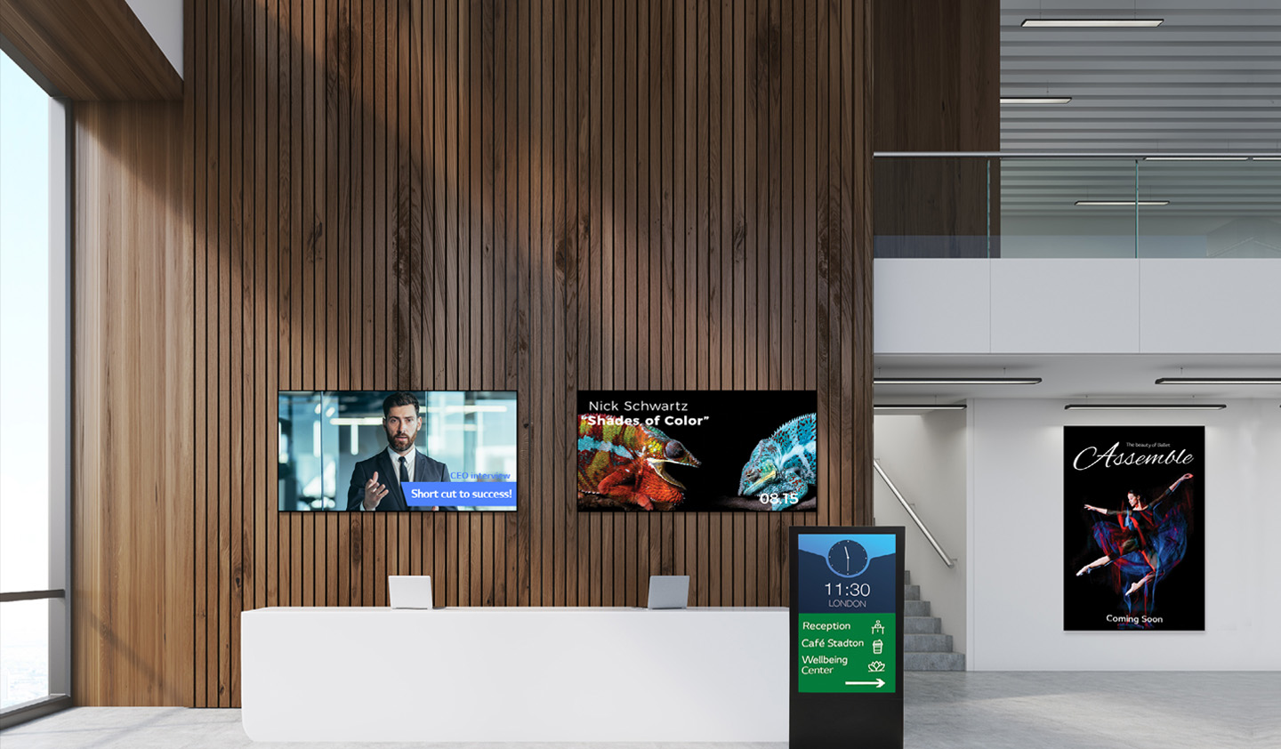 Various types of displays are installed in the company lobby.