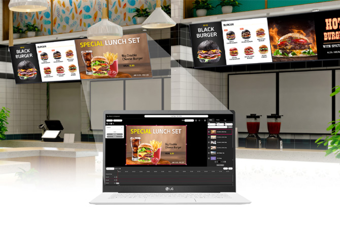 LG SuperSign QSR is utilized to create and distribute content for the fast-food restaurant's menu boards via PC.