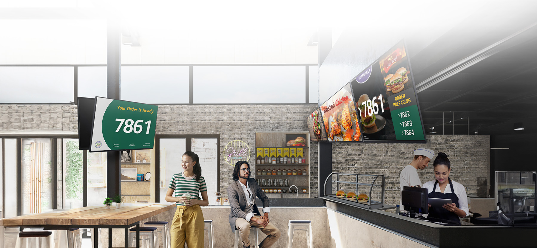 The fast-food restaurant features various types and sizes of signage screens, each displaying menus, queue numbers, food photos, and more.